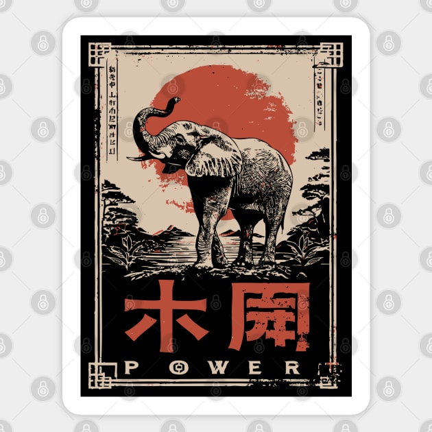 Elephant Power Poster – Vintage Japanese Woodblock Minimalist Animal Art Sticker by TuncGK